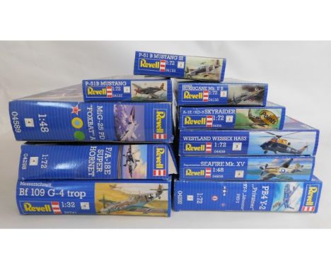 Ten boxed Revell 1:32, 1:48 &amp; 1:72 scale model aircraft kits, present as unused &amp; complete