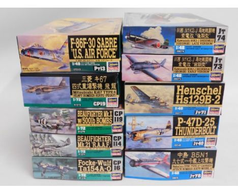 Ten boxed Hasegawa 1:48 &amp; 1:72 scale model aircraft kits, present as unused &amp; complete