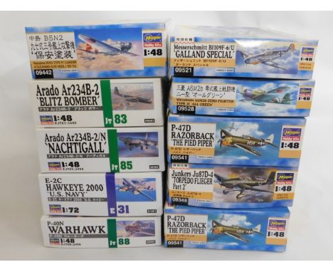 Ten boxed Hasegawa 1:48 &amp; 1:72 scale model aircraft kits, present as unused &amp; complete