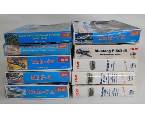 Ten boxed ICM 1:48 scale model aircraft kits, present as unused &amp; complete