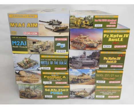 Ten boxed Dragon 1:35 scale model tank &amp; gun carriage kits, present as unused &amp; complete