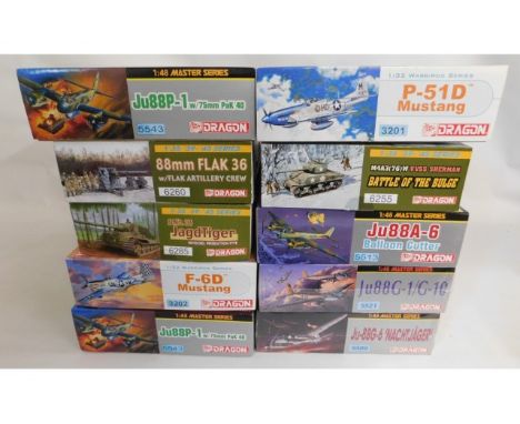 Ten boxed Dragon 1:32, 1:35 &amp; 1:48 scale model aircraft &amp; tank kits, present as unused &amp; complete