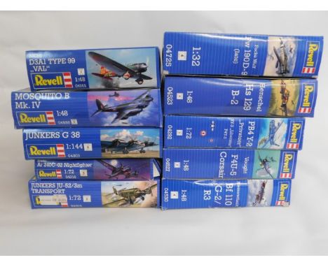 Ten boxed Revell 1:32, 1:48 &amp; 1:72 scale model aircraft kits, present as unused &amp; complete