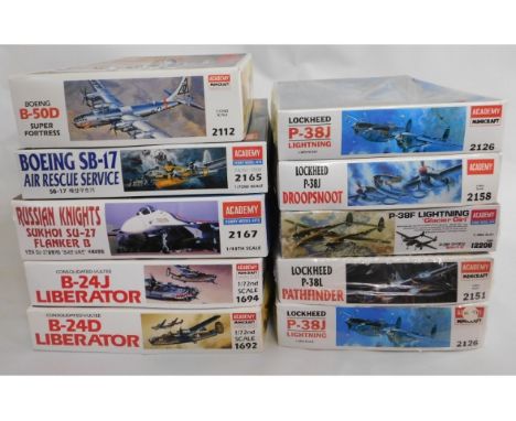 Ten boxed Academy 1:48 &amp; 1:72 scale model aircraft kits, present as unused &amp; complete