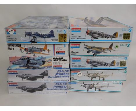 Ten boxed Monogram 1:48 scale model aircraft kits, present as unused &amp; complete