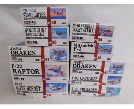 Ten boxed Hasegawa 1:48 &amp; 1:72 scale model aircraft kits, present as unused &amp; complete