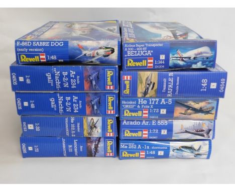 Ten boxed Revell 1:48, 1:72 &amp; 1:144 scale model aircraft kits, present as unused &amp; complete