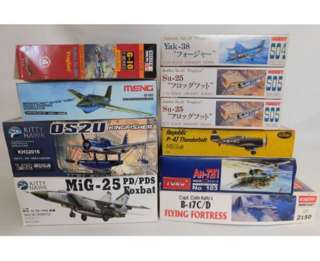 Ten boxed 1:32, 1:48 &amp; 1:72 scale model aircraft kits including Kitty Hawk, Hobby, Meng, Toko, Mister, Testors &amp; Acad