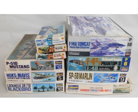 Ten boxed Hasegawa 1:32, 1:48 &amp; 1:72 scale model aircraft kits, present as unused &amp; complete