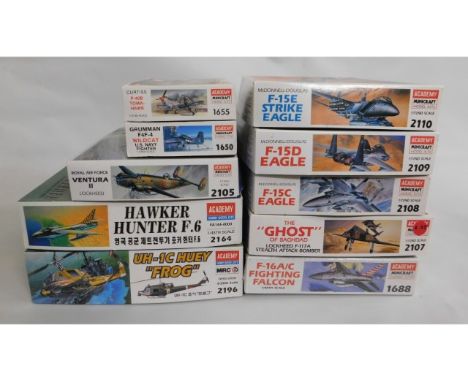 Ten boxed Academy 1:35, 1:48 &amp; 1:72 scale model aircraft kits, present as unused &amp; complete