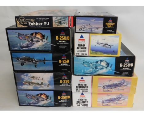 Nine Accurate Miniatures &amp; one Roden 1:32 &amp; 1:48 scale model aircraft kits, present as unused &amp; complete