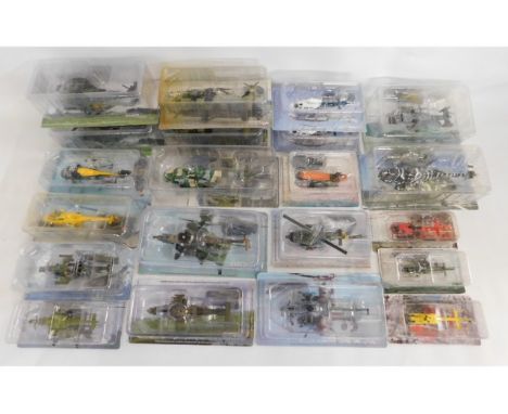 Twenty one 1:72 scale diecast Amer-Com propelled helicopters with mounts in original blister packs