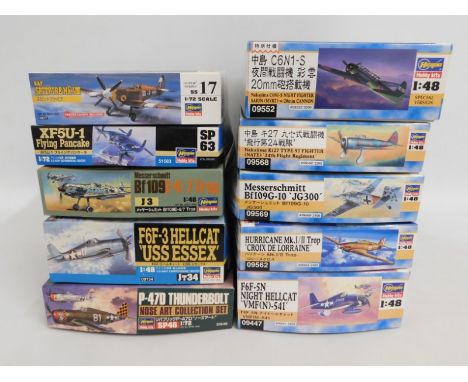 Ten boxed Hasegawa 1:48 &amp; 1:72 scale model aircraft kits, present as unused &amp; complete