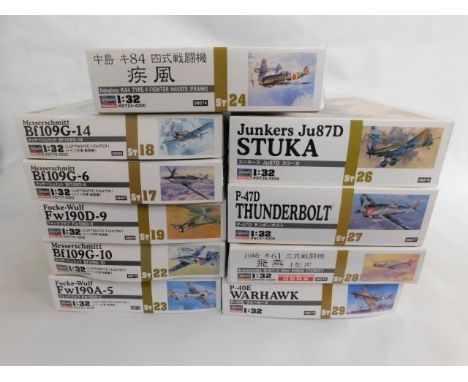 Ten boxed Hasegawa 1:32 scale model aircraft kits, present as unused &amp; complete