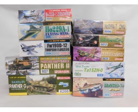 Ten boxed Dragon 1:35, 1:48 &amp; 1:72 scale model aircraft &amp; tank kits, present as unused &amp; complete