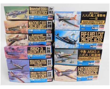 Ten boxed Hasegawa 1:48 scale model aircraft kits, present as unused &amp; complete