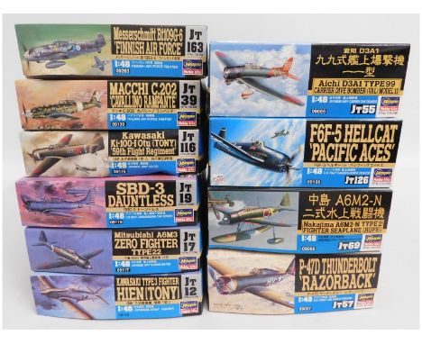 Ten boxed Hasegawa 1:48 scale model aircraft kits, present as unused &amp; complete