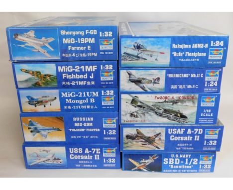 Ten boxed Trumpeter 1:32, 1:48 &amp; 1:72 scale model aircraft kits, present as unused &amp; complete