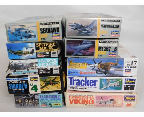 Ten boxed Hasegawa 1:48 &amp; 1:72 scale model aircraft kits, present as unused &amp; complete