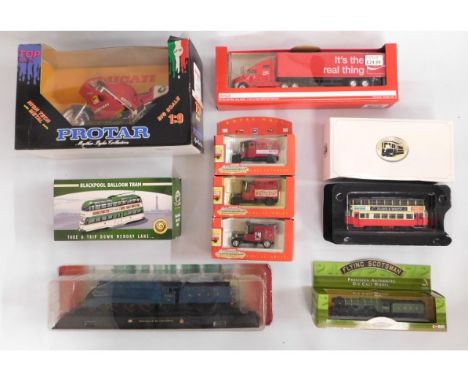 A Protar 1:9 scale motorcycle, a CocaCola diecast model truck, a Corgi Flying Scotsman, three Corgi advertising vehicles, two