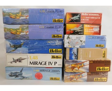 Ten boxed Heller 1:48 &amp; 1:72 scale model aircraft kits, present as unused &amp; complete