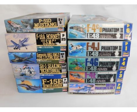 Ten boxed Hasegawa 1:32, 1:48 &amp; 1:72 scale model aircraft kits, present as unused &amp; complete