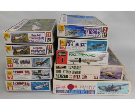 Seven boxed Otaki &amp; three Hasegawa 1:48 &amp; 1:72 scale model aircraft kits, present as unused &amp; complete