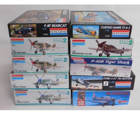 Ten boxed Monogram 1:48 &amp; 1:72 scale model aircraft kits, present as unused &amp; complete