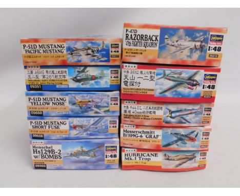 Ten boxed Hasegawa 1:48 scale model aircraft kits, present as unused &amp; complete