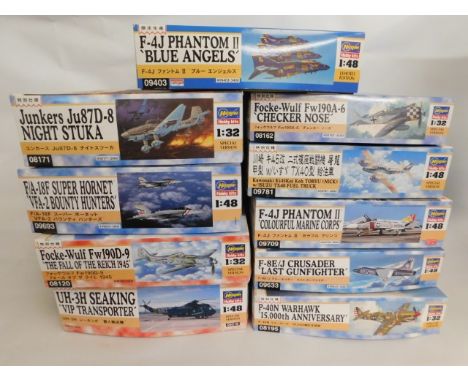 Ten boxed Hasegawa 1:32 &amp; 1:48 scale model aircraft kits, present as unused &amp; complete