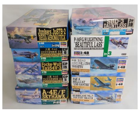 Ten boxed Hasegawa 1:48 &amp; 1:72 scale model aircraft kits, present as unused &amp; complete