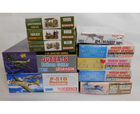 Ten boxed Dragon 1:32, 1:35, 1:48 &amp; 1:72 scale model aircraft, weapons, military related accessories &amp; figure kits, p