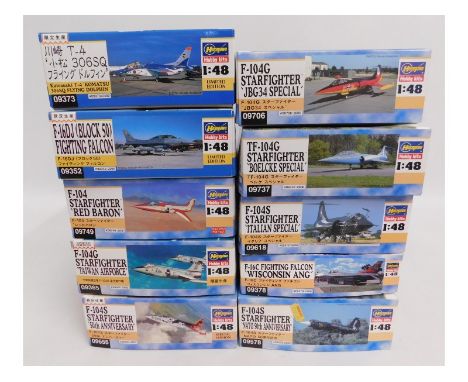 Ten boxed Hasegawa 1:48 scale model aircraft kits, present as unused &amp; complete