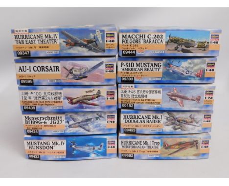 Ten boxed Hasegawa 1:48 scale model aircraft kits, present as unused &amp; complete