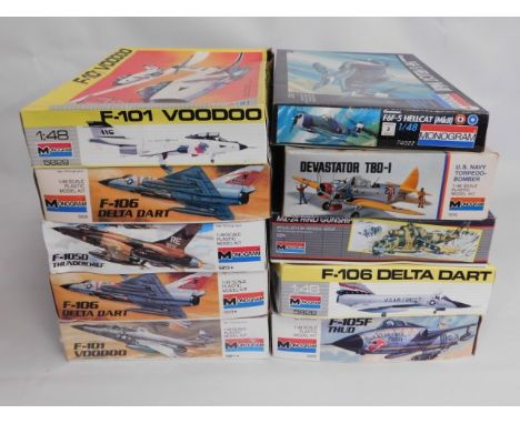 Ten boxed Monogram 1:48 scale model aircraft kits, present as unused &amp; complete