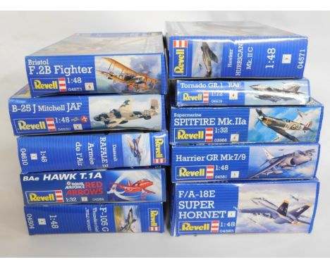 Ten boxed Revell 1:32, 1:48 &amp; 1:72 scale model aircraft kits, present as unused &amp; complete