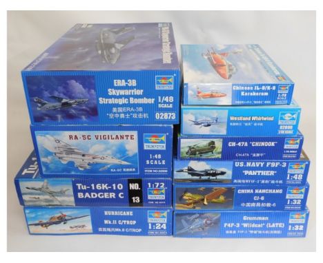 Ten boxed Trumpeter 1:48 &amp; 1:72 scale model aircraft kits, present as unused &amp; complete