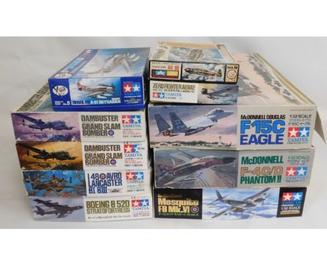 Ten boxed Tamiya 1:32, 1:48, 1:50, 1:72 &amp; 1:100 scale model aircraft kits, present as unused &amp; complete