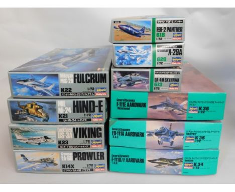 Ten boxed Hasegawa 1:72 scale model aircraft kits, present as unused &amp; complete