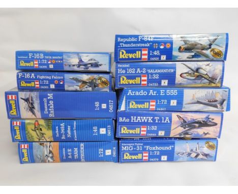 Ten boxed Revell 1:32, 1:48 &amp; 1:72 scale model aircraft kits, present as unused &amp; complete