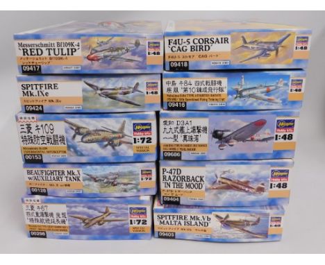 Ten boxed Hasegawa 1:48 &amp; 1:72 scale model aircraft kits, present as unused &amp; complete