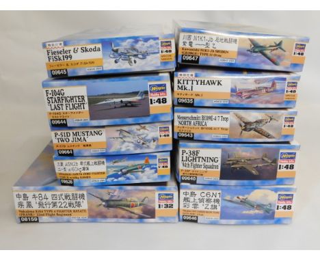 Ten boxed Hasegawa 1:32 &amp; 1:48 scale model aircraft kits, present as unused &amp; complete