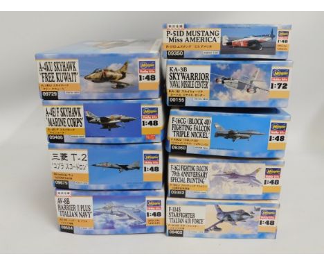 Ten boxed Hasegawa 1:48 &amp; 1:72 scale model aircraft kits, present as unused &amp; complete