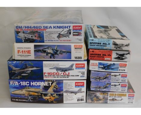 Eight Academy &amp; two Gartex 1:32, 1:35, 1:48 &amp; 1:72 scale model aircraft kits, present as unused &amp; complete