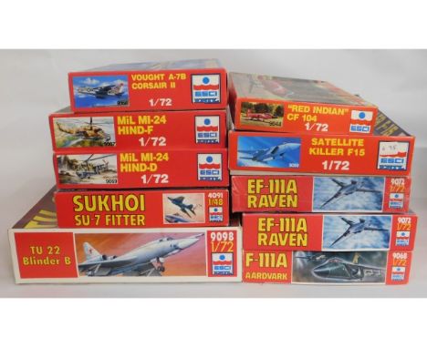 Ten boxed ESCI Ertl 1:72 scale model aircraft kits, present as unused &amp; complete