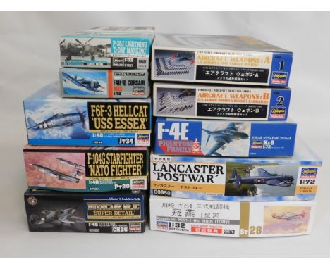 Ten boxed Hasegawa 1:32, 1:48 &amp; 1:72 scale model aircraft kits, present as unused &amp; complete