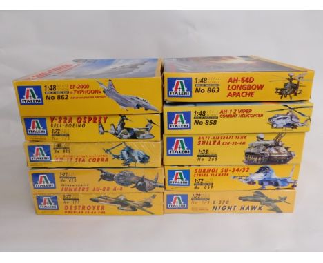 Ten boxed Italeri 1:48 &amp; 1:72 scale model aircraft &amp; tank kits, present as unused &amp; complete