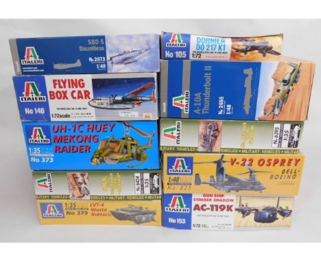 Ten boxed Italeri 1:35 &amp; 1:72 scale model aircraft, tank &amp; van kits, present as unused &amp; complete