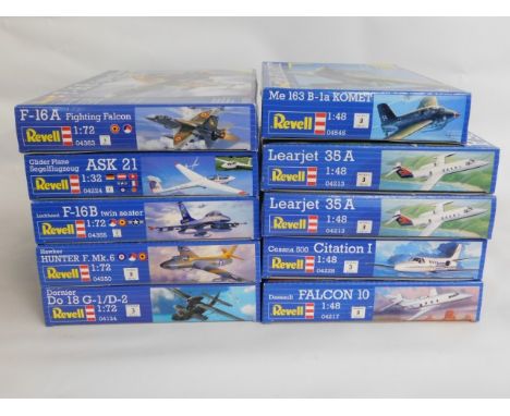 Ten boxed Revell 1:32, 1:48 &amp; 1:72 scale model aircraft kits, present as unused &amp; complete