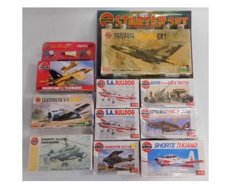 Ten boxed Airfix 1:72 scale model aircraft &amp; gun with tractor kits, present as unused &amp; complete